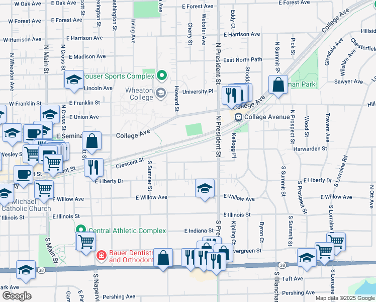 map of restaurants, bars, coffee shops, grocery stores, and more near 804 Crescent Street in Wheaton