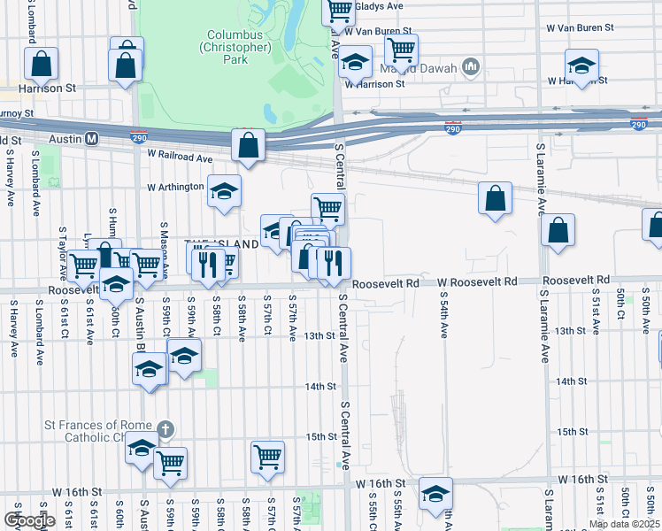 map of restaurants, bars, coffee shops, grocery stores, and more near 5626 West Roosevelt Road in Chicago