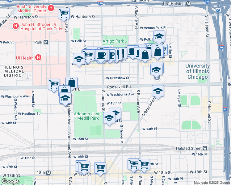 map of restaurants, bars, coffee shops, grocery stores, and more near 1314 West Washburne Avenue in Chicago
