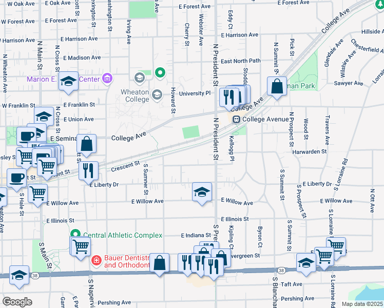 map of restaurants, bars, coffee shops, grocery stores, and more near 820 Crescent Street in Wheaton