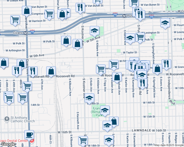 map of restaurants, bars, coffee shops, grocery stores, and more near 4326 Roosevelt Road in Chicago