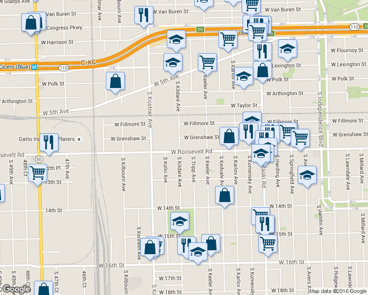 map of restaurants, bars, coffee shops, grocery stores, and more near 4250 Roosevelt Road in Chicago