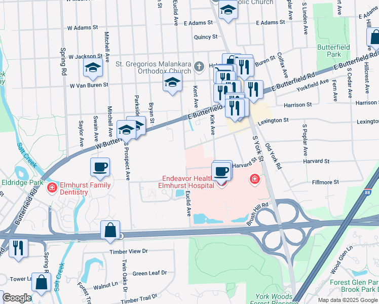 map of restaurants, bars, coffee shops, grocery stores, and more near 15W775 Lexington Street in Elmhurst