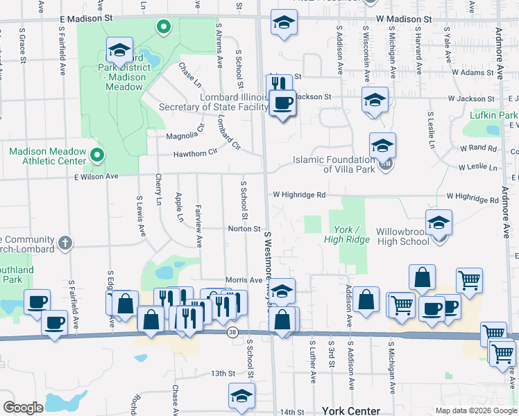 map of restaurants, bars, coffee shops, grocery stores, and more near 1033 South Westmore-Meyers Road in Lombard