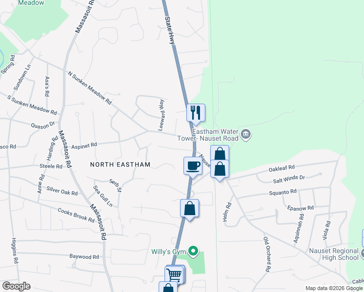 map of restaurants, bars, coffee shops, grocery stores, and more near 60 Wampum Lane in Eastham