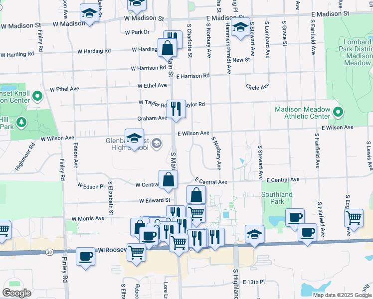 map of restaurants, bars, coffee shops, grocery stores, and more near 1020 South Charlotte Street in Lombard
