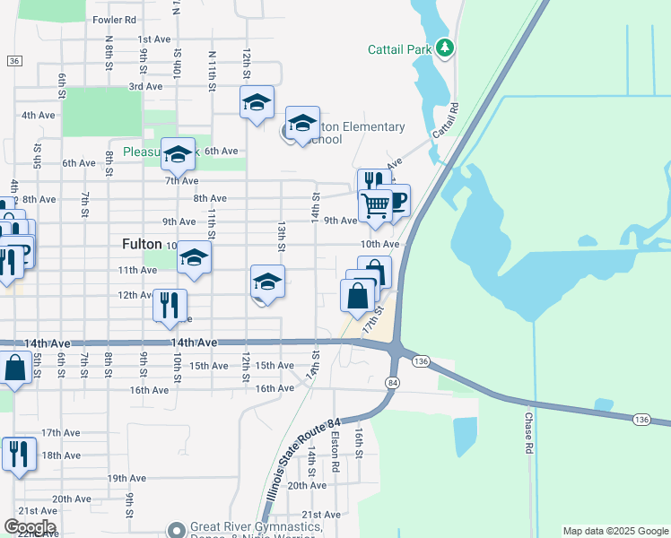 map of restaurants, bars, coffee shops, grocery stores, and more near 1409 11th Avenue in Fulton