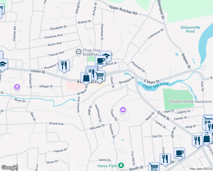 map of restaurants, bars, coffee shops, grocery stores, and more near 70 Brooklyn Street in Vernon