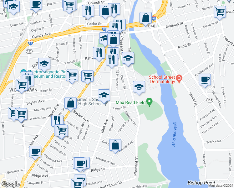 map of restaurants, bars, coffee shops, grocery stores, and more near 91 Cleveland Street in Pawtucket