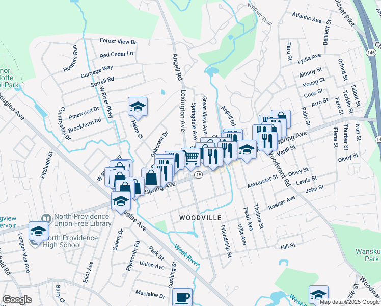 map of restaurants, bars, coffee shops, grocery stores, and more near 1 Benjamin Drive in North Providence
