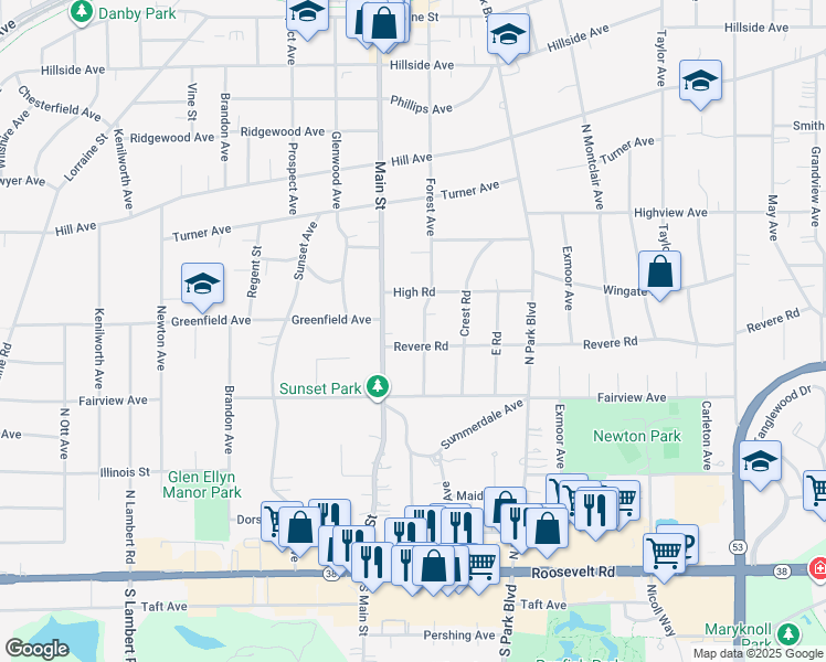 map of restaurants, bars, coffee shops, grocery stores, and more near 200 Forest Avenue in Glen Ellyn