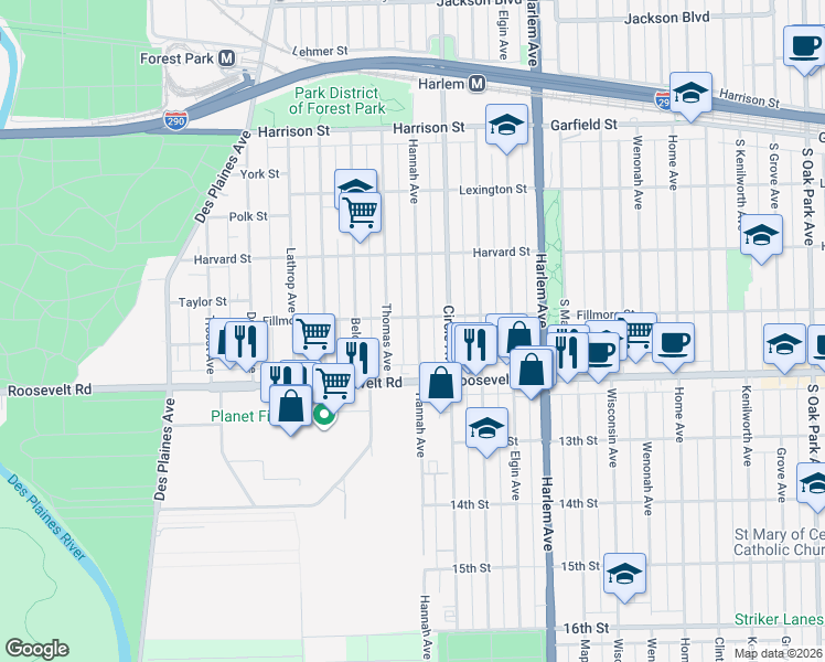 map of restaurants, bars, coffee shops, grocery stores, and more near 1104 Thomas Avenue in Forest Park
