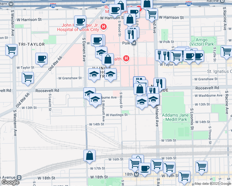 map of restaurants, bars, coffee shops, grocery stores, and more near W Chicago Ave & N Wood St in Chicago