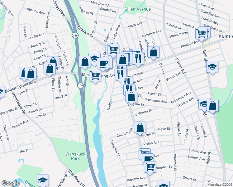 map of restaurants, bars, coffee shops, grocery stores, and more near 187 Obed Avenue in North Providence