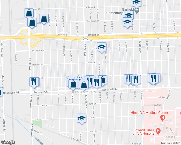 map of restaurants, bars, coffee shops, grocery stores, and more near 2028 16th Ave in Broadview