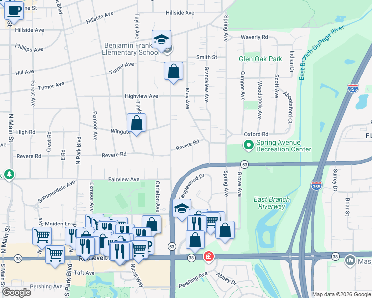map of restaurants, bars, coffee shops, grocery stores, and more near 829 Revere Road in Glen Ellyn