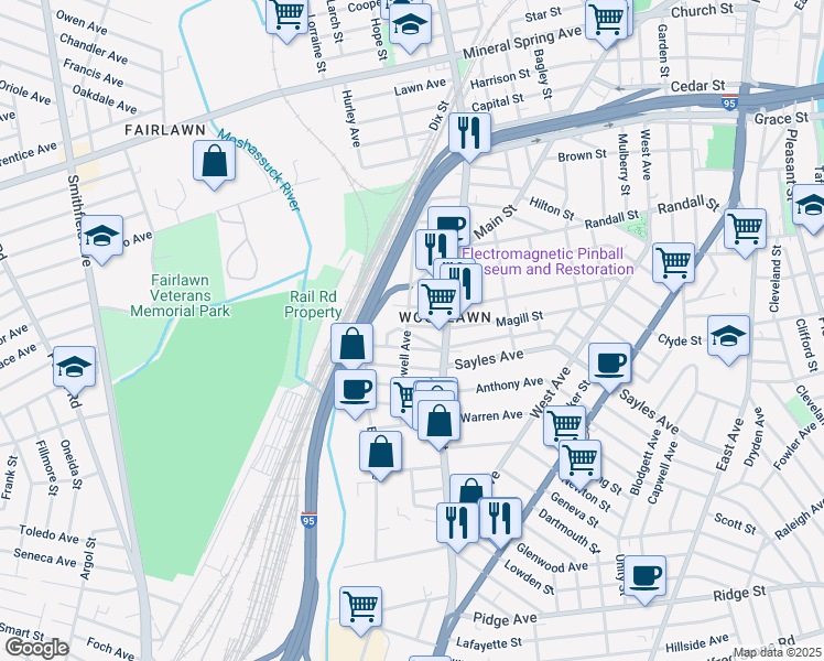 map of restaurants, bars, coffee shops, grocery stores, and more near 183 Magill Street in Pawtucket