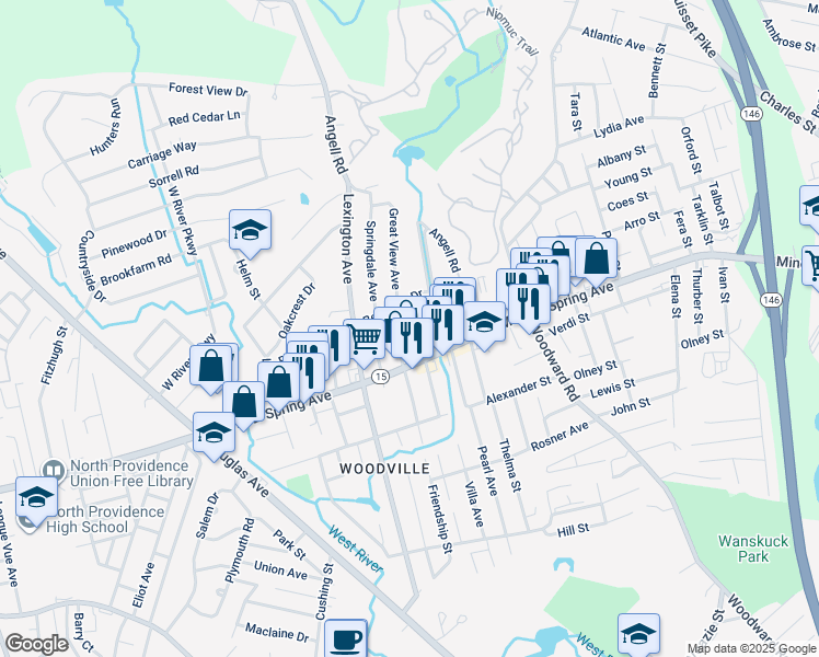 map of restaurants, bars, coffee shops, grocery stores, and more near 48 1/2 Spicer Street in North Providence