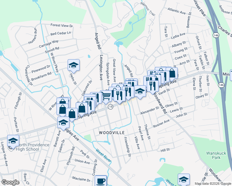map of restaurants, bars, coffee shops, grocery stores, and more near 48 1/2 Spicer Street in North Providence