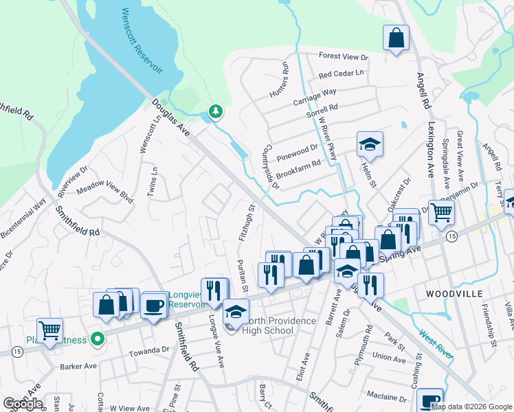 map of restaurants, bars, coffee shops, grocery stores, and more near 6 Fitzhugh Street in North Providence