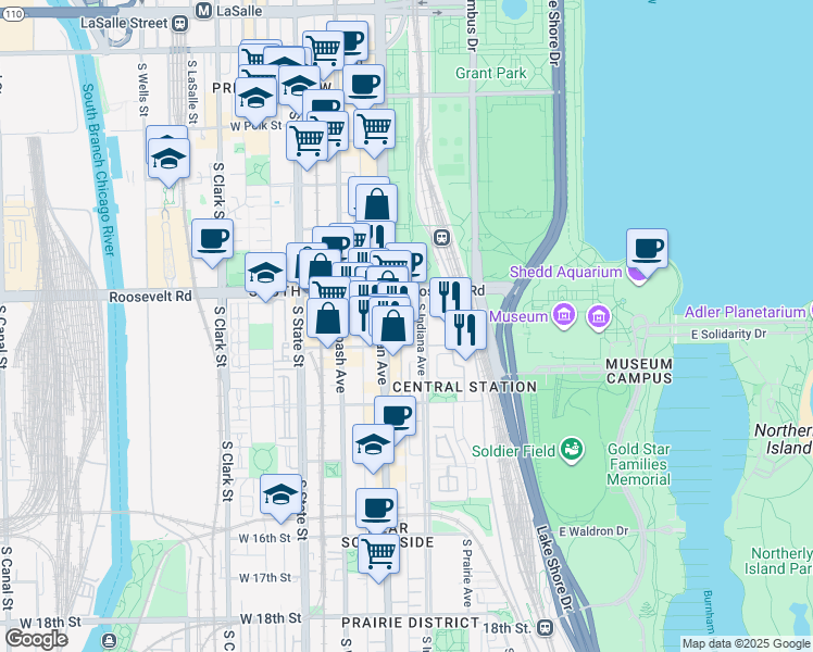 map of restaurants, bars, coffee shops, grocery stores, and more near 1231 South Prairie Avenue in Chicago