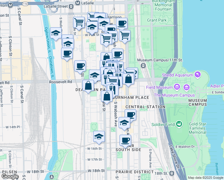 map of restaurants, bars, coffee shops, grocery stores, and more near 1231 South State Street in Chicago
