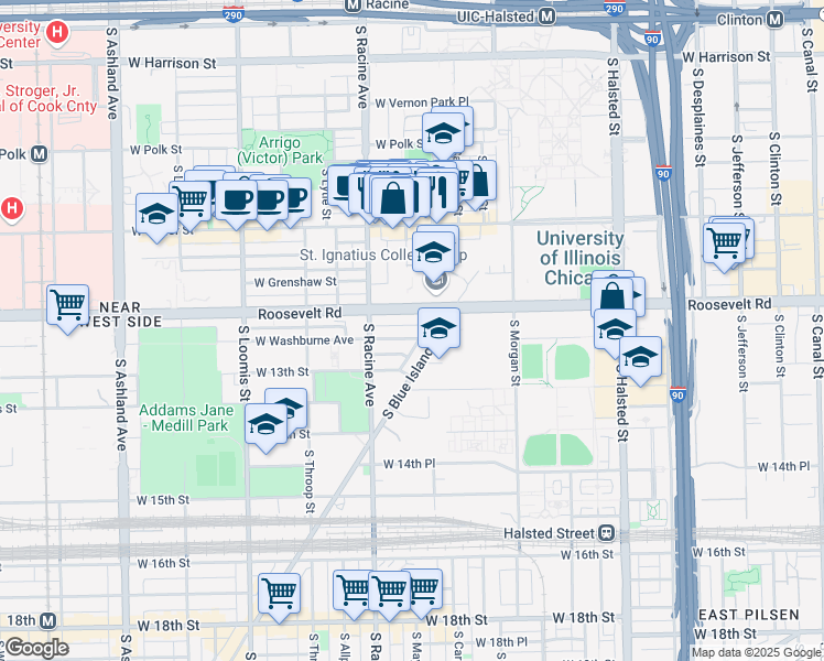 map of restaurants, bars, coffee shops, grocery stores, and more near 1130 West Washburne Avenue in Chicago