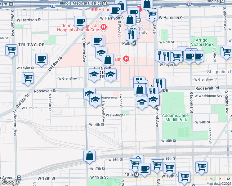 map of restaurants, bars, coffee shops, grocery stores, and more near 1220 South Wood Street in Chicago
