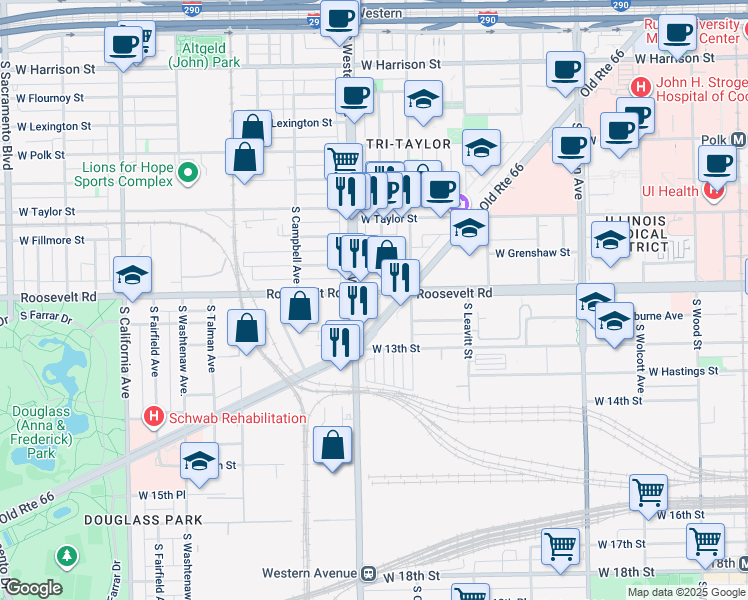 map of restaurants, bars, coffee shops, grocery stores, and more near in Chicago
