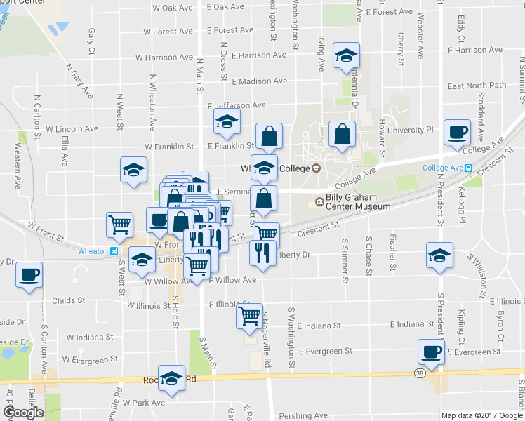 map of restaurants, bars, coffee shops, grocery stores, and more near 311 East Wesley Street in Wheaton