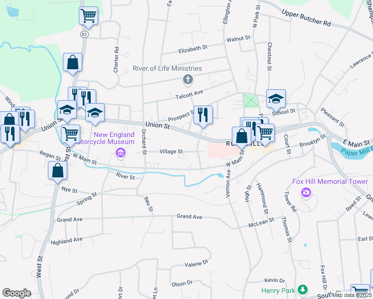 map of restaurants, bars, coffee shops, grocery stores, and more near 46 Village Street in Vernon
