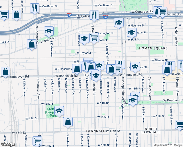 map of restaurants, bars, coffee shops, grocery stores, and more near 4024 West Roosevelt Road in Chicago