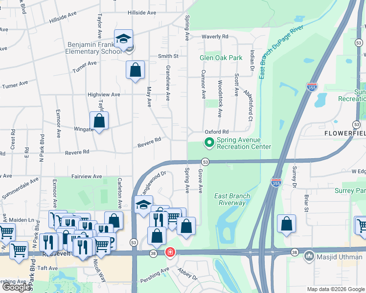 map of restaurants, bars, coffee shops, grocery stores, and more near 192 Spring Avenue in Glen Ellyn
