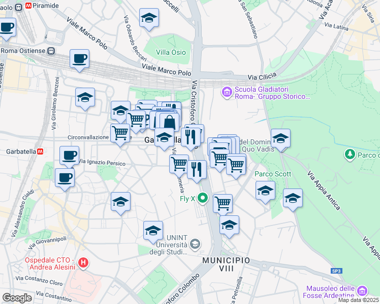 map of restaurants, bars, coffee shops, grocery stores, and more near 90 Via Cristoforo Colombo in Roma