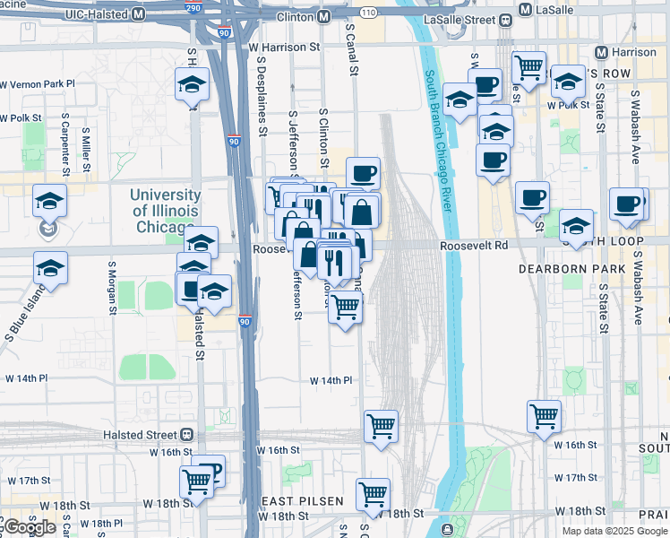 map of restaurants, bars, coffee shops, grocery stores, and more near 555 Roosevelt Road in Chicago