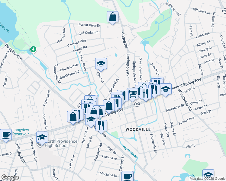map of restaurants, bars, coffee shops, grocery stores, and more near 9 Oakcrest Drive in North Providence
