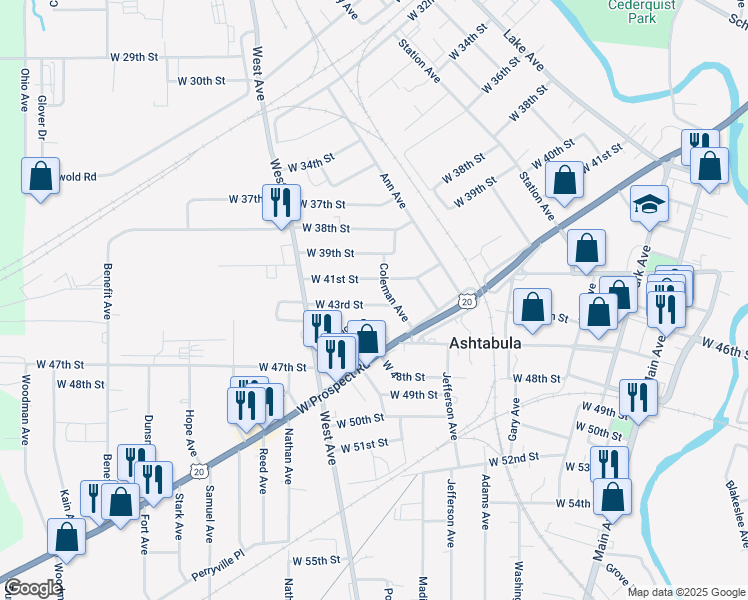 map of restaurants, bars, coffee shops, grocery stores, and more near 923 West 43rd Street in Ashtabula