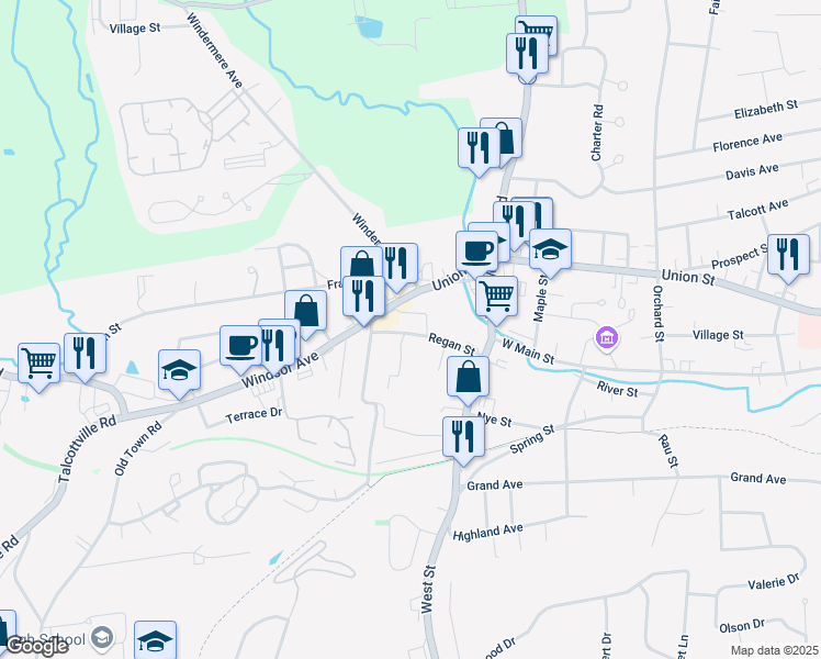map of restaurants, bars, coffee shops, grocery stores, and more near 4 Regan Street in Vernon
