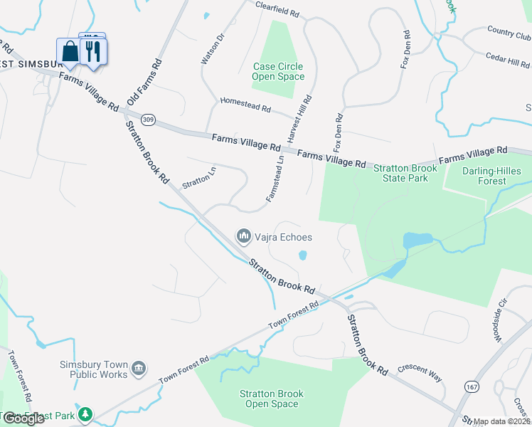 map of restaurants, bars, coffee shops, grocery stores, and more near 20 Farmstead Lane in Simsbury
