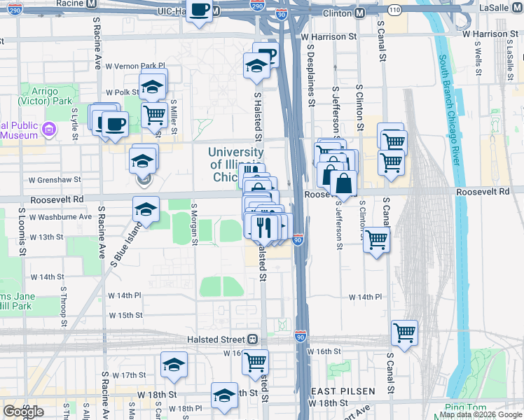 map of restaurants, bars, coffee shops, grocery stores, and more near 808 West 12th Place in Chicago