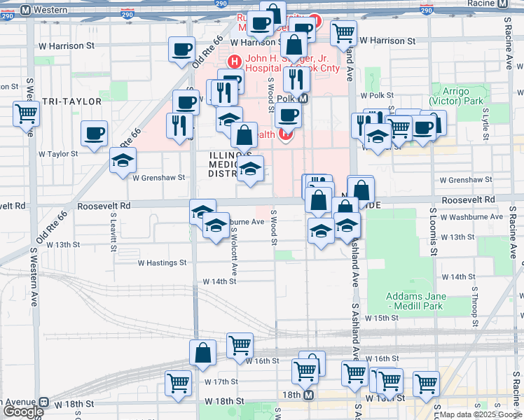 map of restaurants, bars, coffee shops, grocery stores, and more near 1220 South Wood Street in Chicago