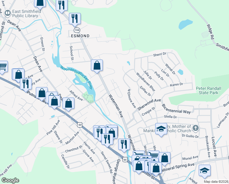 map of restaurants, bars, coffee shops, grocery stores, and more near in North Providence
