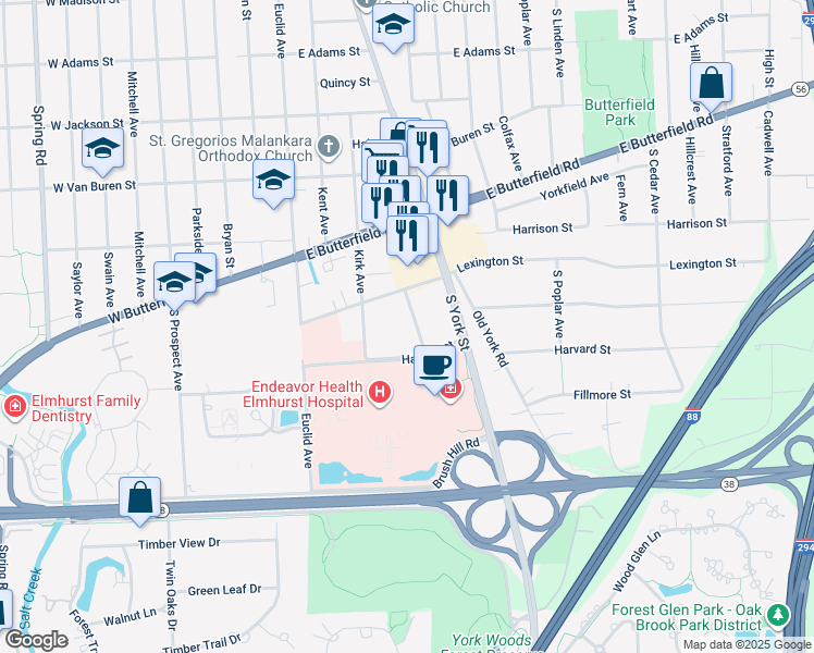 map of restaurants, bars, coffee shops, grocery stores, and more near S540 Kendall Avenue in Elmhurst