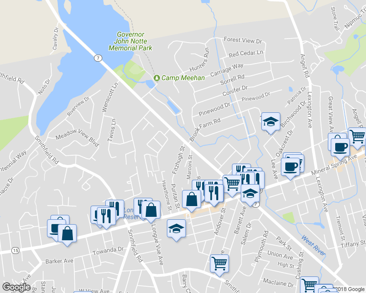 map of restaurants, bars, coffee shops, grocery stores, and more near 6 Fitzhugh Street in North Providence