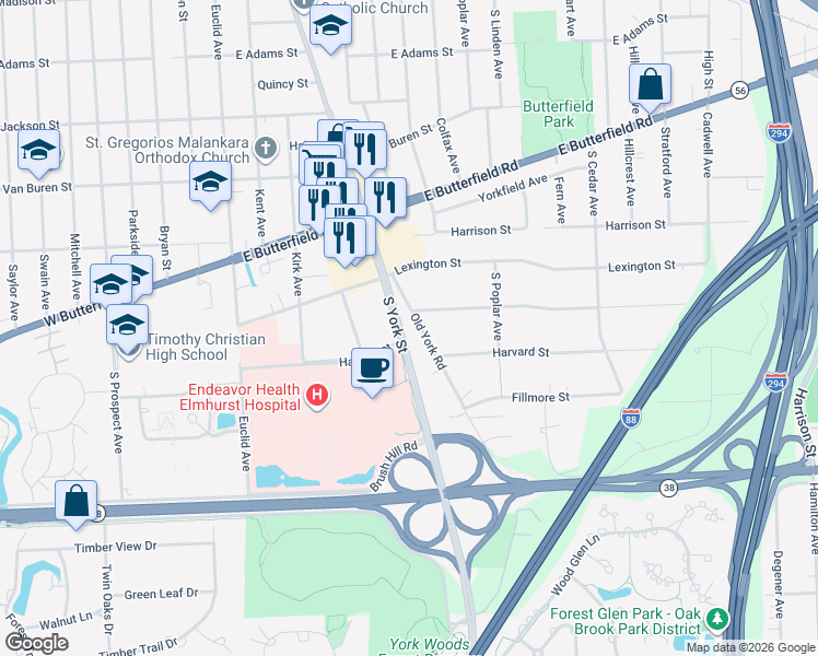 map of restaurants, bars, coffee shops, grocery stores, and more near 540 Old York Road in Elmhurst