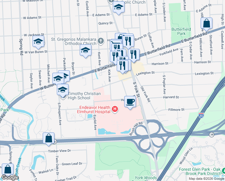 map of restaurants, bars, coffee shops, grocery stores, and more near 0S535 Kirk Avenue in Elmhurst