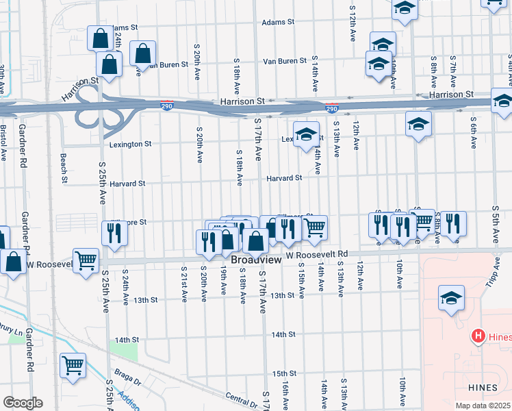 map of restaurants, bars, coffee shops, grocery stores, and more near 2022 South 17th Avenue in Broadview