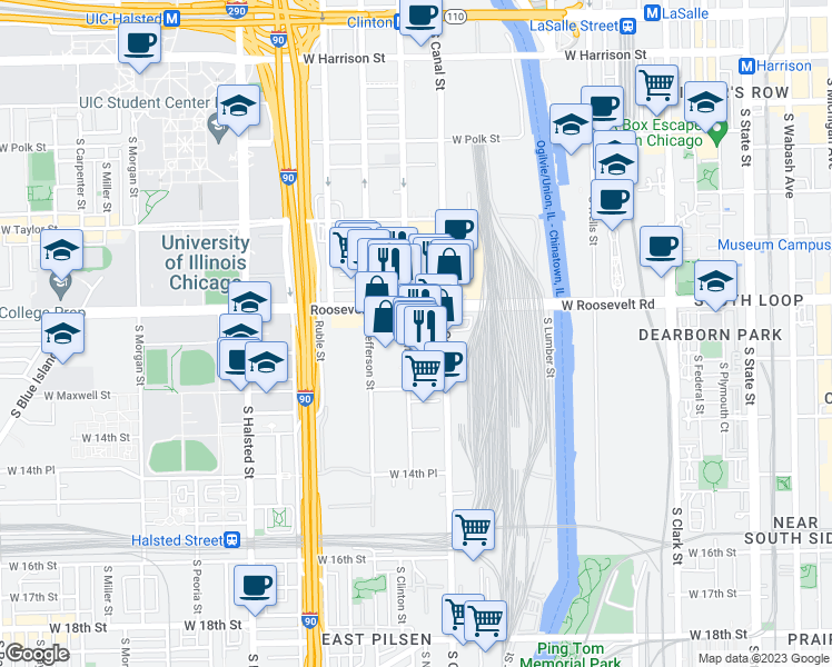 map of restaurants, bars, coffee shops, grocery stores, and more near 1226 South Canal Street in Chicago