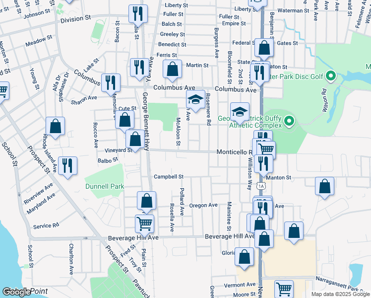 map of restaurants, bars, coffee shops, grocery stores, and more near 84 Monticello Road in Pawtucket
