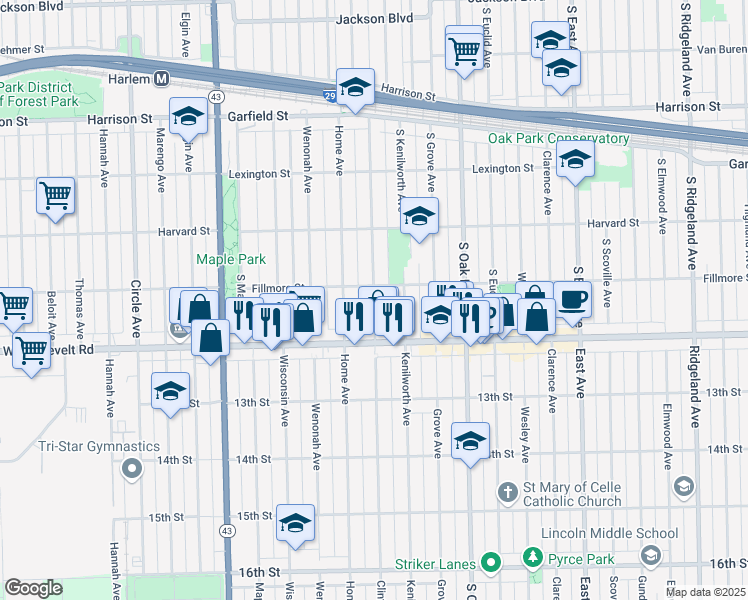 map of restaurants, bars, coffee shops, grocery stores, and more near 1161 Clinton Avenue in Oak Park